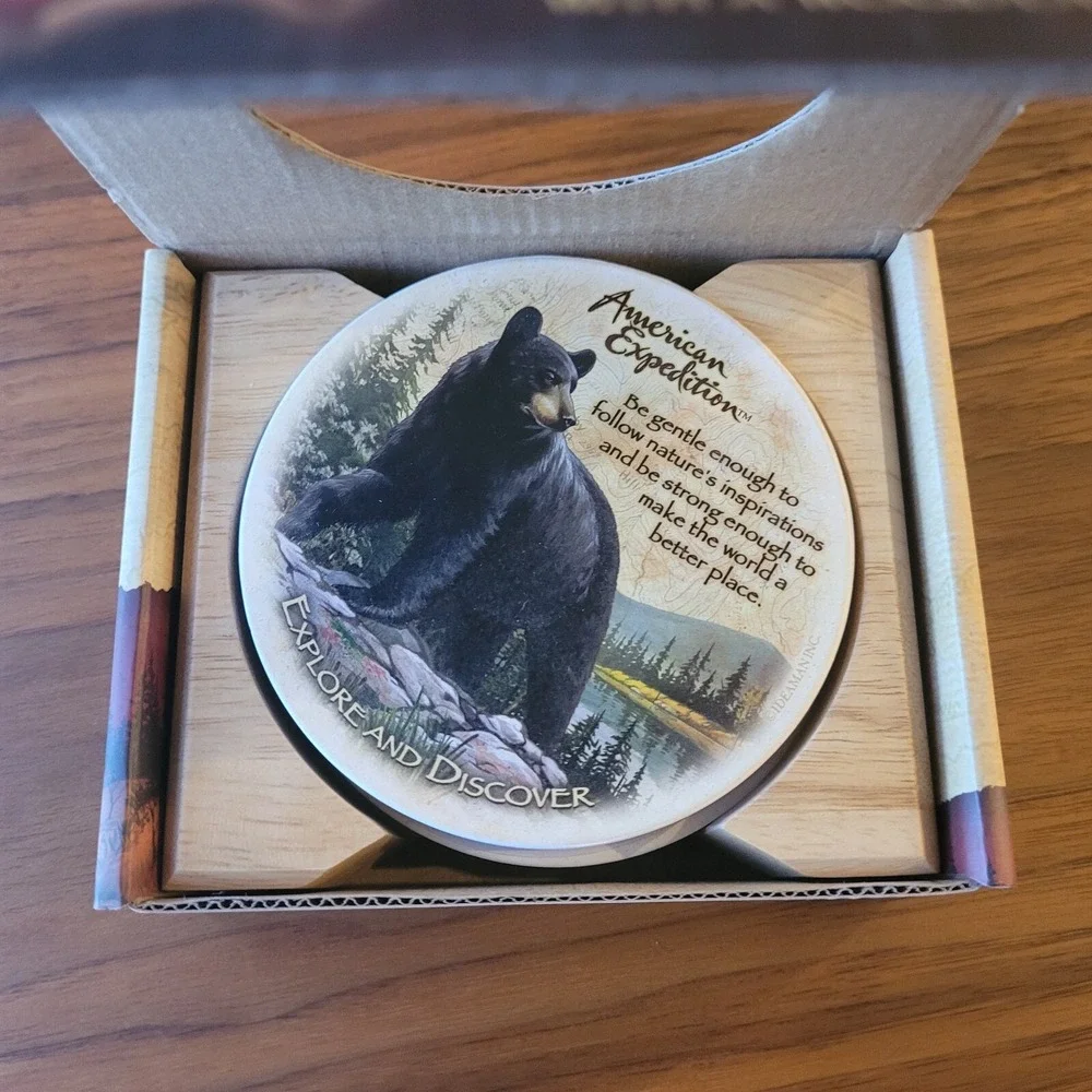 American Expedition Black Bear Stone Coasters Set of 4 w Wood Holder Wildlife